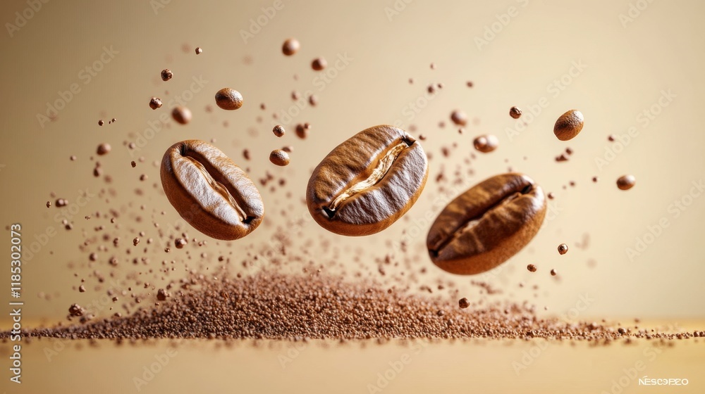 Flying Coffee Beans Exploding Over Ground Coffee - Nescafé Flying Coffee Beans Exploding Over Ground Coffee - Nescafé