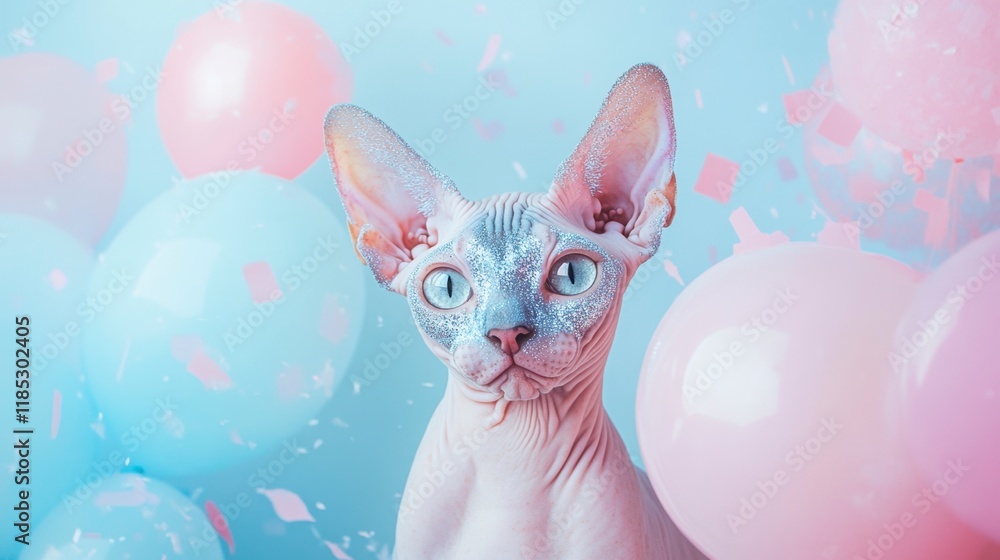 Fototapeta premium Sphynx Cat in Pastel Balloons, Glitter, Festive Celebration