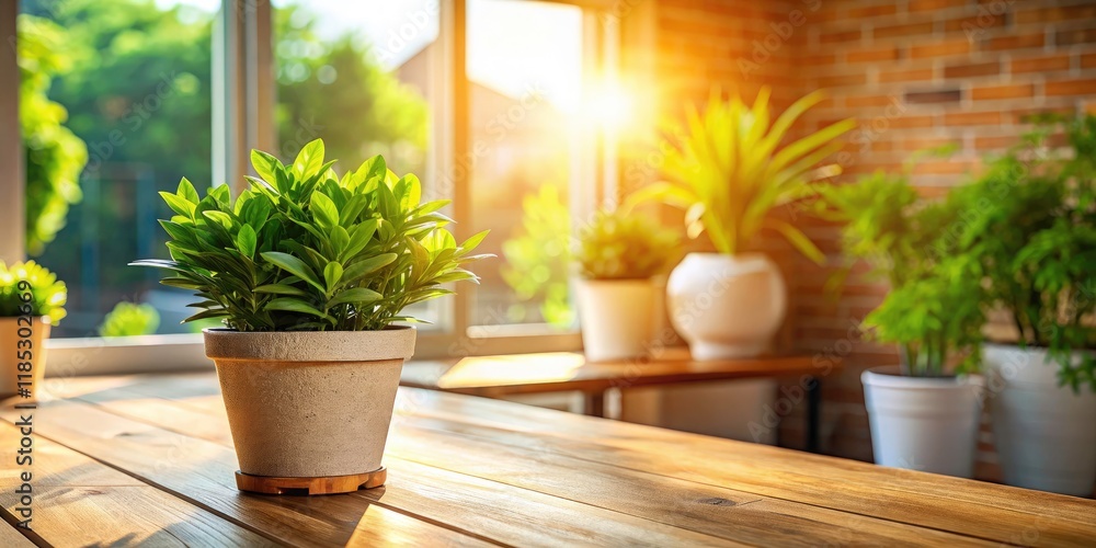 Sunlit Potted Plant on Wooden Table by Window - Nature, Home Decor, Indoor Gardening, Bright Light, Greenery, Relaxing Atmosphere, Natural Sunlit Potted Plant on Wooden Table by Window - Nature, Home Decor, Indoor Gardening, Bright Light, Greenery, Relaxing Atmosphere, Natural
