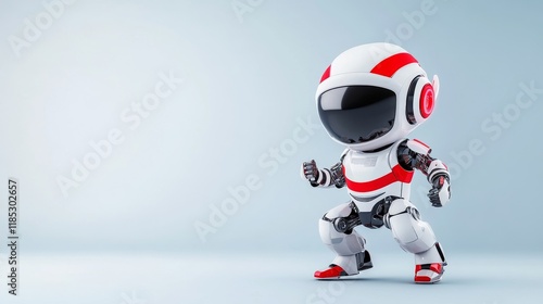 Playful and Futuristic Robot Character in Red and White, Ready for Action and Adventure, Perfect for Technology and Innovation Themes in Creative Projects