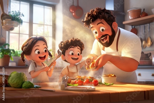 Animated family cooking scene with smiling father and children in bright kitchen