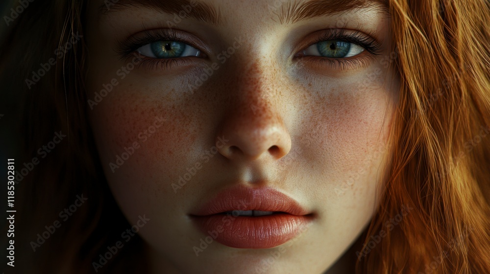 Freckled Redhead Woman Close-Up Portrait, Calm Gaze Freckled Redhead Woman Close-Up Portrait, Calm Gaze
