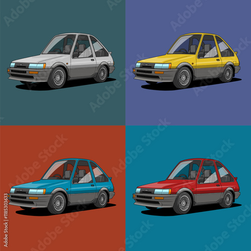 a retro compact hatchback car in four colors (gray, yellow, blue, red), arranged in a 2x2 grid, emphasizing its design variations against a solid teal background
