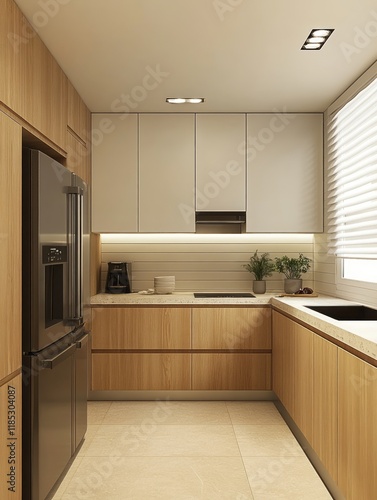 Modern L Shaped Kitchen Design With Wood Cabinets