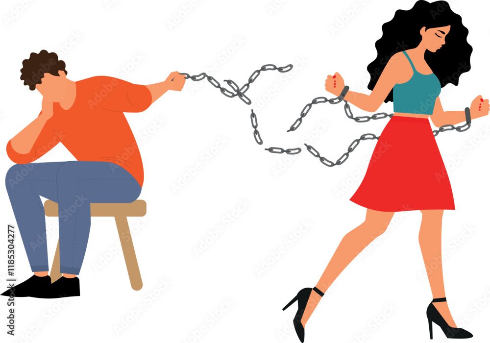 Woman breaking the chain, freeing herself from an abusive relationship, flat designer Woman breaking the chain, freeing herself from an abusive relationship, flat designer
