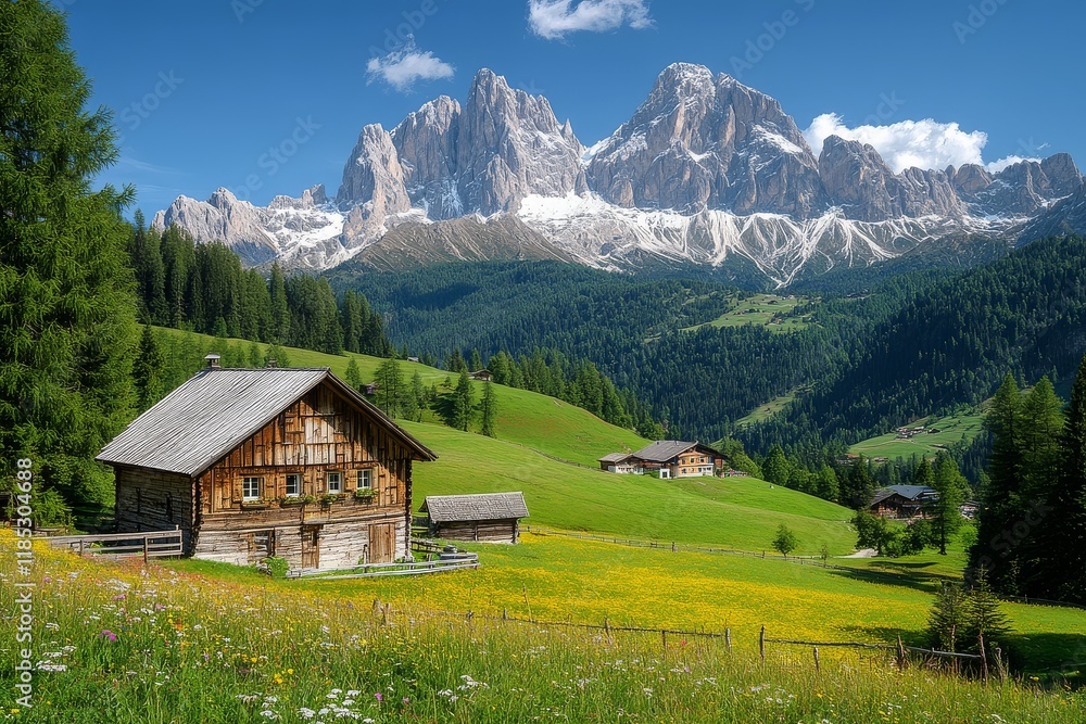Obraz premium Beautiful Summer Landscape in the Alps with Green Meadows, Colorful Wildflowers, Snow-Capped Mountains in the Background, Panoramic View
