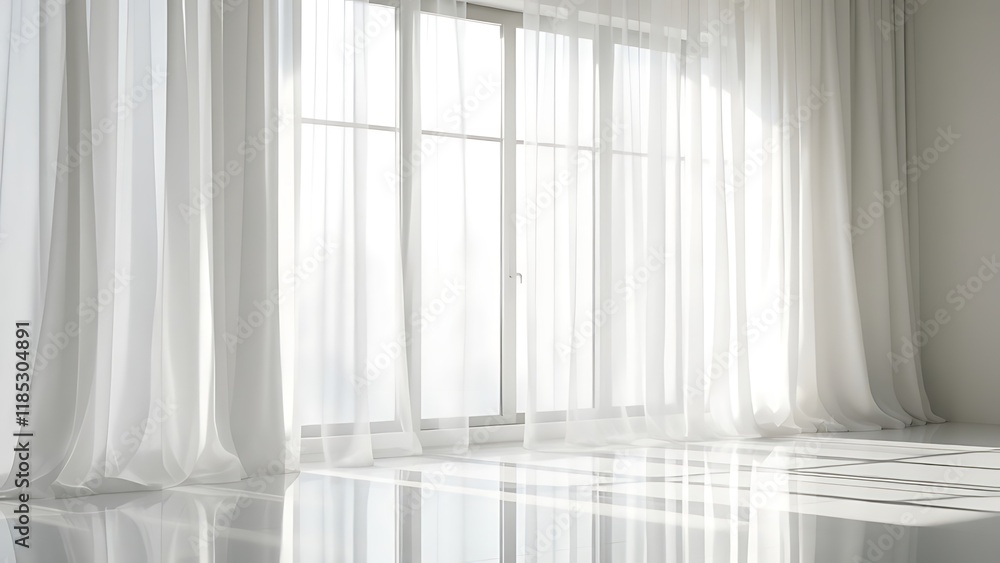 Empty white room with a window and curtains serves as a mockup template for stock photos Empty white room with a window and curtains serves as a mockup template for stock photos