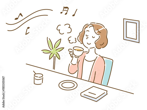 カフェで音楽を聞きながらお茶を飲んでリラックスしている若い女性