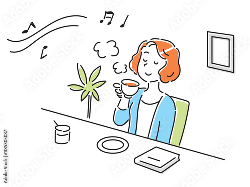 カフェで音楽を聞きながらお茶を飲んでリラックスしている若い女性