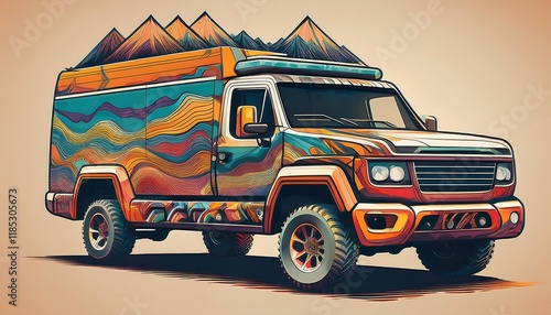 Custom rugged overland truck designed for off road adventures with detailed graphic patterns and scenic backdrop. Generative AI photo