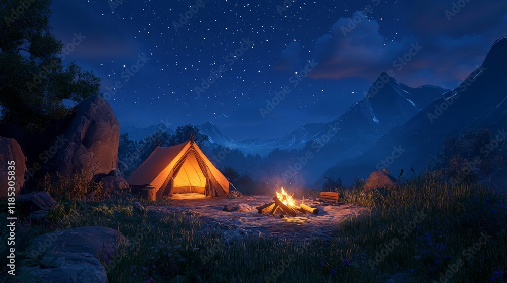 Camping under the starry night sky in the mountains Camping under the starry night sky in the mountains