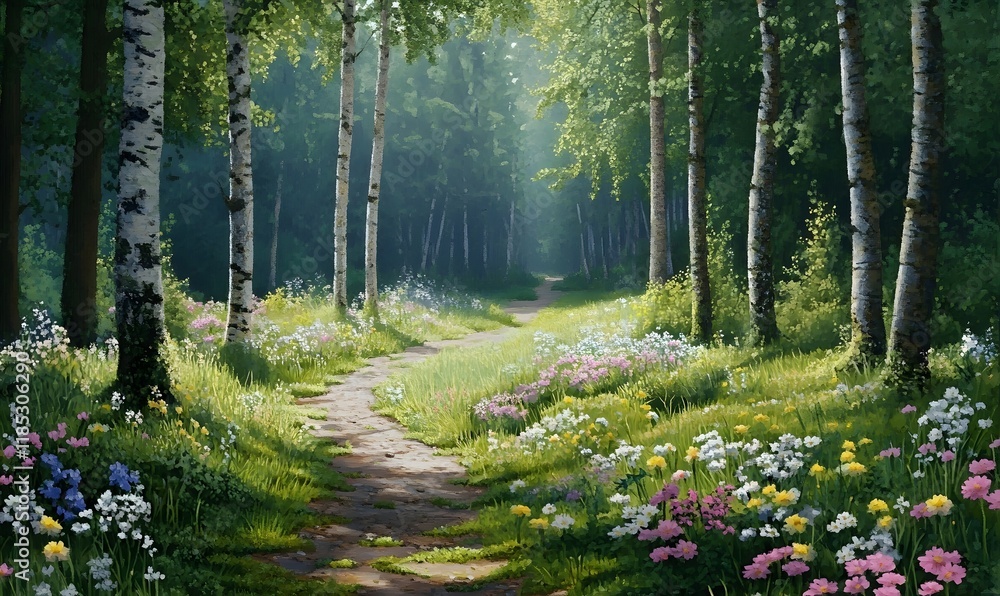 Obraz premium Sunlit path winding through a vibrant birch forest with wildflowers.