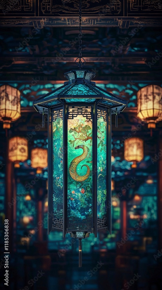 Intricate Chinese Lantern with Snake Design. Intricate Chinese Lantern with Snake Design.