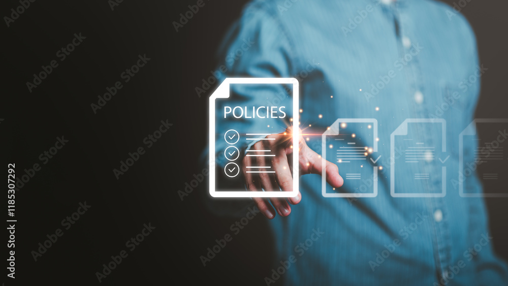 Businessman showing online document validation icon, Concepts of practices and policies, company articles of association Terms and Conditions, regulations and legal advice, corporate policy.