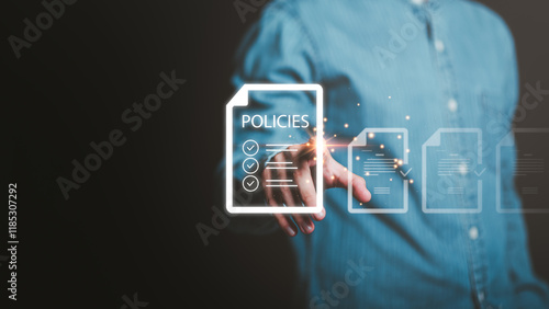 Businessman showing online document validation icon, Concepts of practices and policies, company articles of association Terms and Conditions, regulations and legal advice, corporate policy. photo