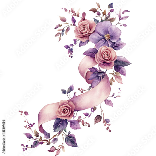 Elegant Floral Arrangement with Roses and Ribbons in Watercolor Style