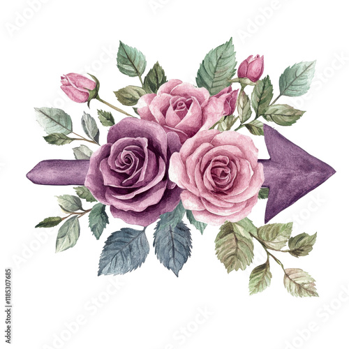Watercolor Roses with Arrow and Leaves for Elegant Designs