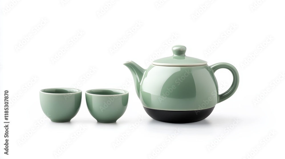 Elegant Green Ceramic Teapot with Two Matching Teacups on White Background, Perfect for Tea Lovers and Home Decor Enthusiasts Elegant Green Ceramic Teapot with Two Matching Teacups on White Background, Perfect for Tea Lovers and Home Decor Enthusiasts