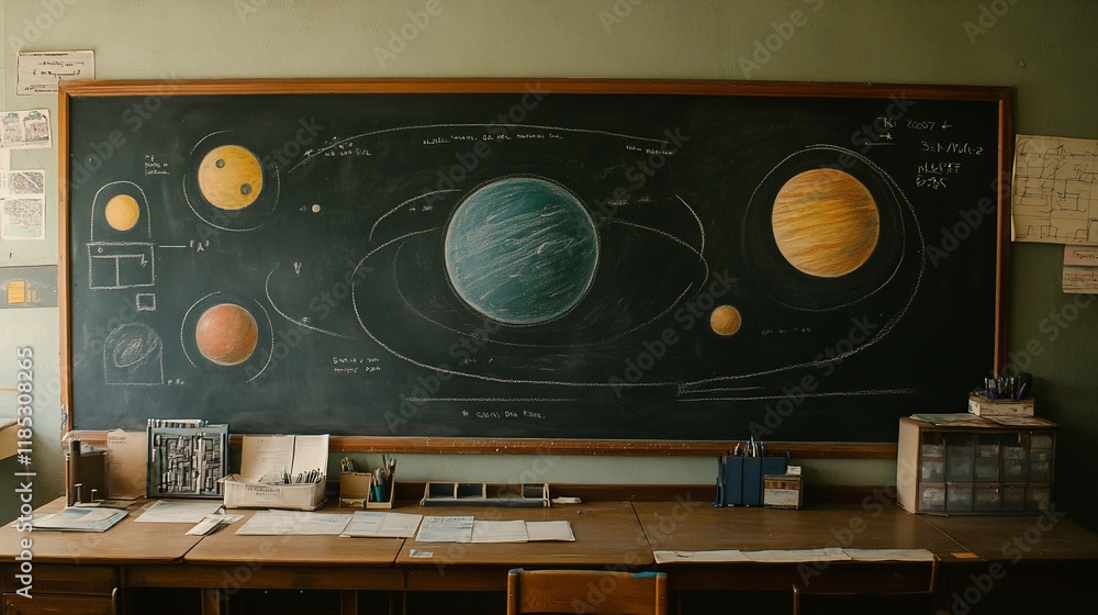 Fototapeta premium Vintage Classroom Chalkboard Depicting a Celestial System