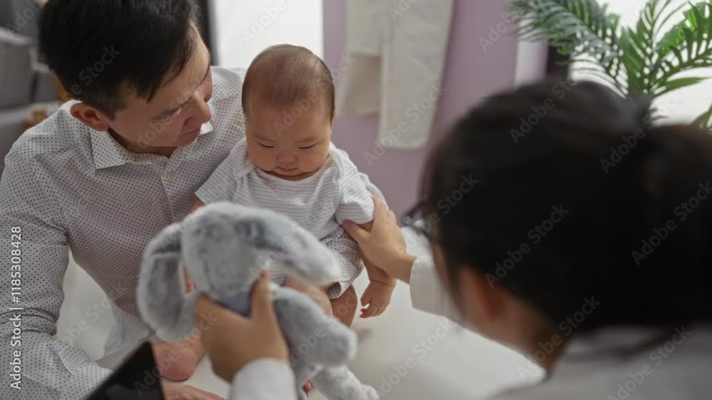 Father holds baby boy while female pediatrician engages with them in a clinic, highlighting family interaction and healthcare setting. Father holds baby boy while female pediatrician engages with them in a clinic, highlighting family interaction and healthcare setting.