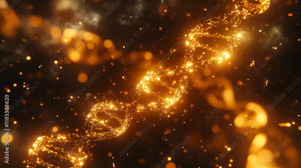 Glowing Golden DNA Strand in Dark Space Glowing Golden DNA Strand in Dark Space