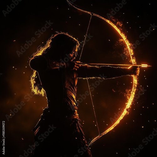 Archer Silhouette in Motion with Divine Glow against Black Background