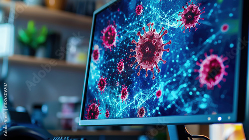A close-up of a computer monitor displaying a malware infection warning, as a user attempts to install antivirus software to stop a cyberattack. The screen glows red with security alerts.