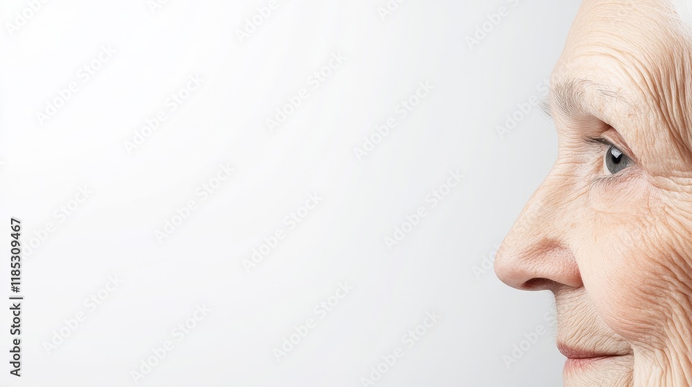 Fototapeta premium Profile of an elderly woman showcasing fine wrinkles and mature skin texture, emphasizing wisdom, experience, and the beauty of aging in a minimalist setting