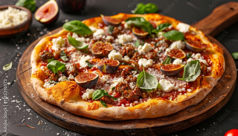 Delicious fig and goat cheese pizza with fresh basil and parmesan cheese on a wooden board. Delicious fig and goat cheese pizza with fresh basil and parmesan cheese on a wooden board.