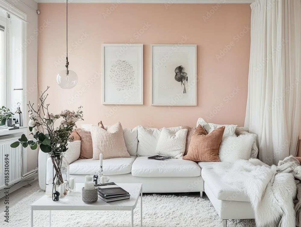 Fototapeta premium Modern Living Room Decor With White Sofa And Pink Walls