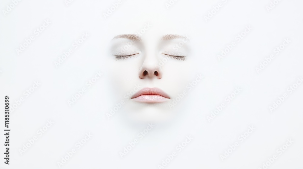 Serene and Ethereal Facial Portrait with Closed Eyes Against a Soft White Background, Evoking Calmness and Tranquility in a Minimalist Aesthetic Serene and Ethereal Facial Portrait with Closed Eyes Against a Soft White Background, Evoking Calmness and Tranquility in a Minimalist Aesthetic