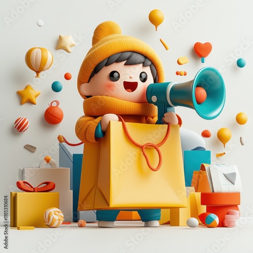 3D illustration of girl Renae in shopping bag with megaphone announcing sale discount photo