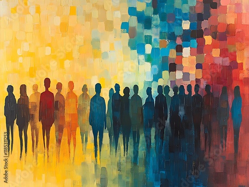 Abstract people silhouettes, colorful background, walking. Possible stock photo photo