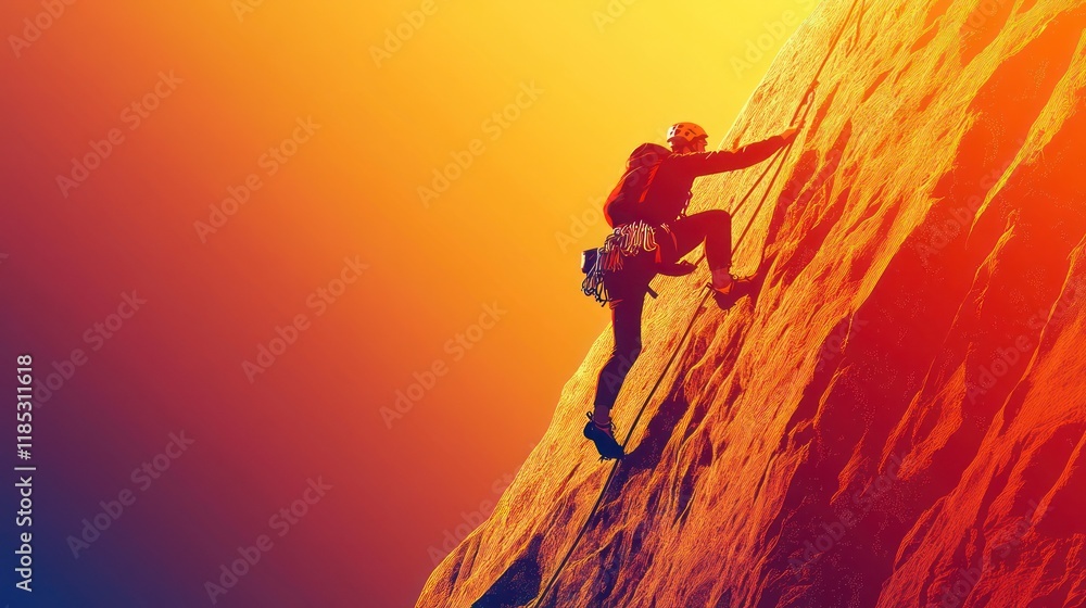 Climber ascends steep rock face at sunset. Climber ascends steep rock face at sunset.
