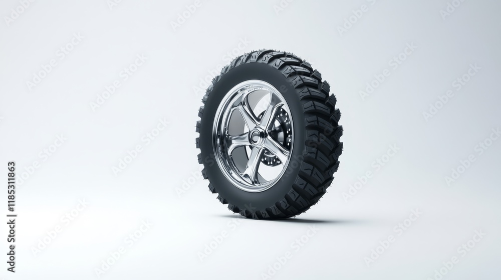 High-Quality Chrome-Plated Off-Road Tire with Tread Detail Perfect for Automotive Industry Showcase and Innovative Design Concepts High-Quality Chrome-Plated Off-Road Tire with Tread Detail Perfect for Automotive Industry Showcase and Innovative Design Concepts