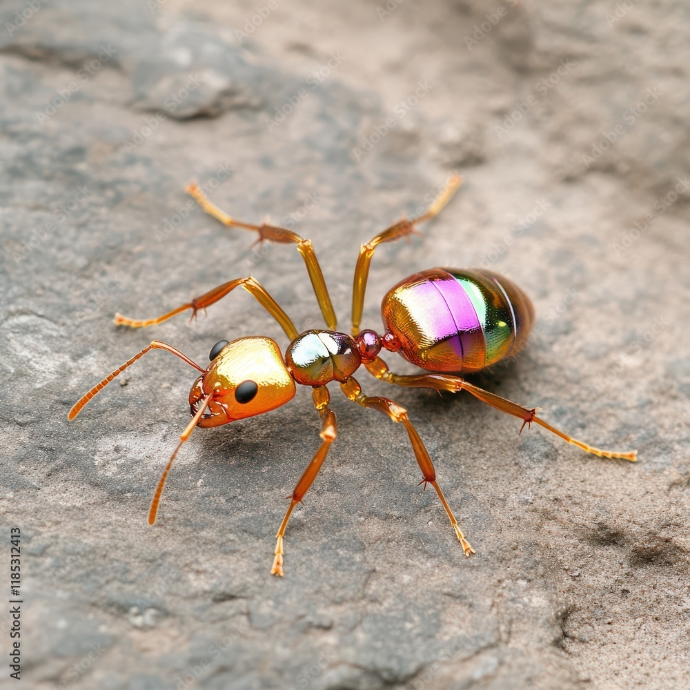 Close-up of colorful iridescent ant on rock surface Close-up of colorful iridescent ant on rock surface