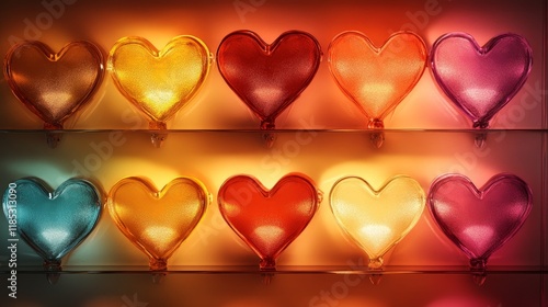 Colorful Heart-Shaped Lights Against a Warm Glowing Background