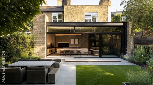 Modern extension seamlessly connects a house to a stylish outdoor patio area, featuring contemporary furniture, a sleek kitchen, and landscaping.