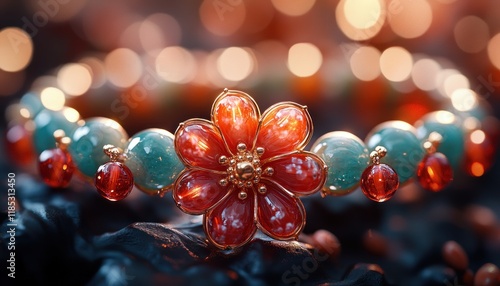 Beautiful Raksha Bandhan Bracelet with Floral Design and Red Beads Decorative Background photo