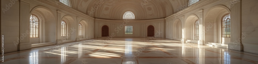Obraz premium A spacious, well-lit hall with elegant architecture and large windows.