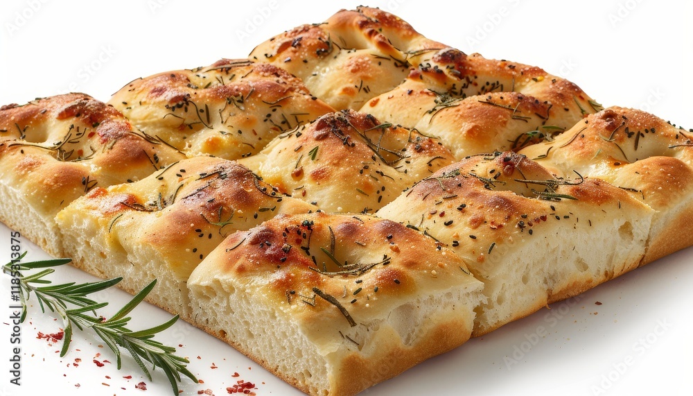 A freshly baked loaf of focaccia bread topped with rosemary, herbs, and red pepper flakes on a white background. A freshly baked loaf of focaccia bread topped with rosemary, herbs, and red pepper flakes on a white background.