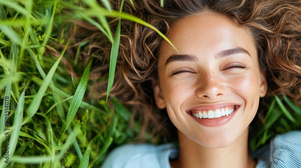Capturing joy in spring as a young woman relaxes on lush green grass Capturing joy in spring as a young woman relaxes on lush green grass