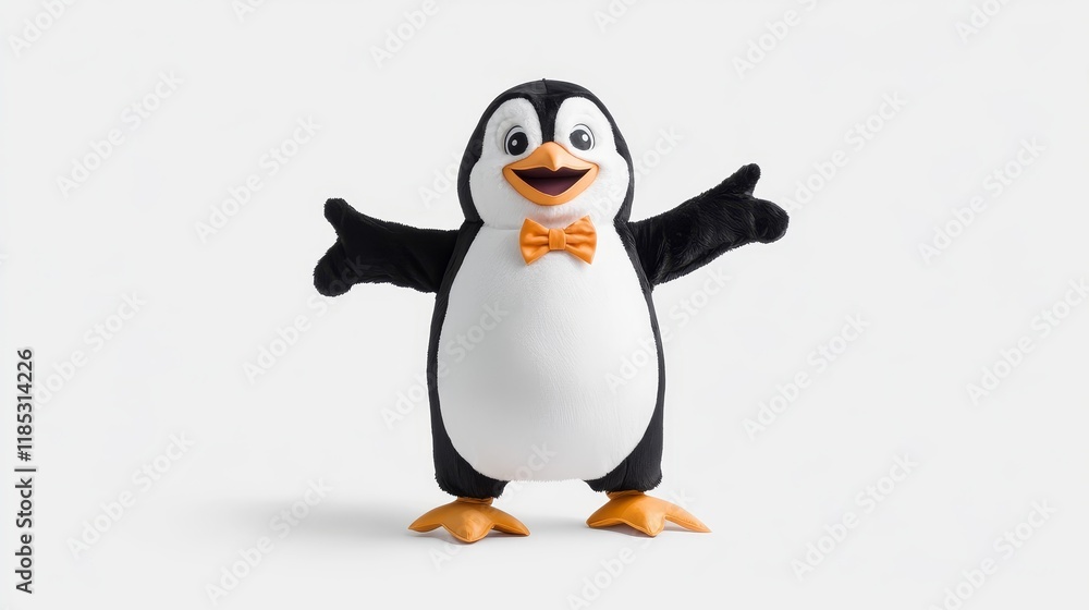 Obraz premium Cheerful cartoon penguin character with arms open wide and a bow tie, designed for playful and fun themes suitable for children and family-oriented projects in various creative contexts.