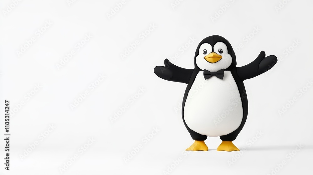 Obraz premium Cute cartoon penguin character in tuxedo with outstretched arms against a plain white background, ideal for children's themes, celebrations, or winter activities promotional materials