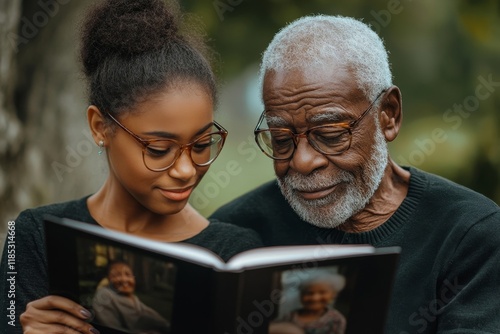 Happy black senior and his daughter looking at family photo album in park at nursing home. Generative AI
