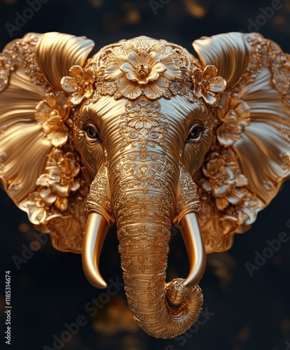 Golden Elephant Head Sculpture with Floral Patterns for Ganesh Chaturthi Festival photo