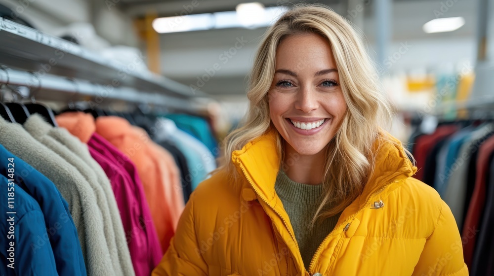 Woman enjoying a sustainable shopping experience in a vintage clothing store Woman enjoying a sustainable shopping experience in a vintage clothing store