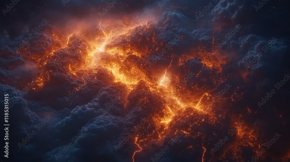 Fiery Cosmic Nebula with Glowing Embers and Dark Clouds Fiery Cosmic Nebula with Glowing Embers and Dark Clouds