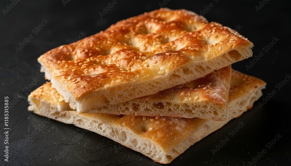 A stack of three flatbreads with sesame seeds on a dark background. A stack of three flatbreads with sesame seeds on a dark background.