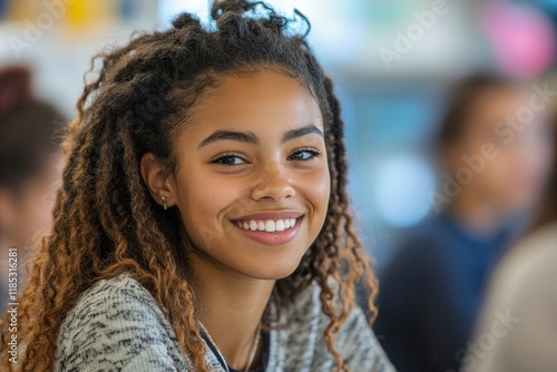 Happy black student and her friends talk while learning in classroom at high school. Generative AI
